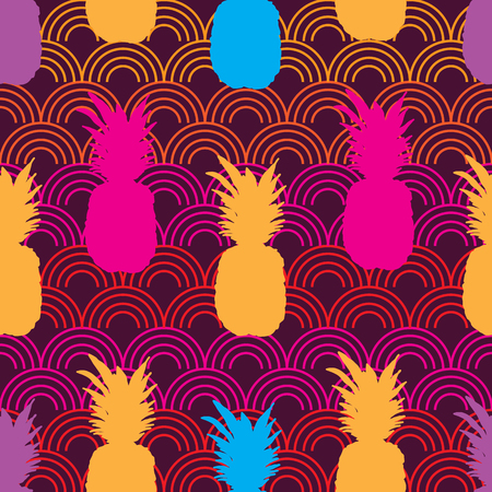 Pineapple Sunset-Fruit Delight. Seamless Repeat Pattern Background in Pink,Yellow,Purple,Blue and Orange.のイラスト素材