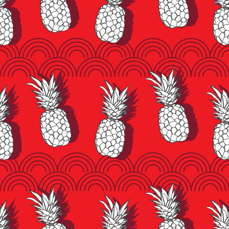 Pineapple Groove-Fruit Delight. Seamless Repeat Pattern illustration.Background in Red White and Grey.の写真素材