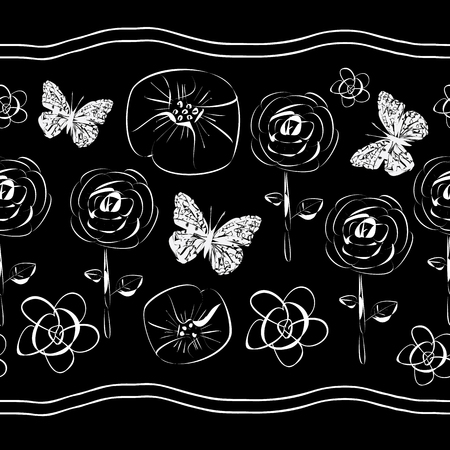 Flowers and Butterflies-Flowers in Bloom seamles repeat pattern Butterflies Poppies and Roses on Black Background seamless repeat pattern. Background in Black and white Delicate Pattern Background. Surface pattern Design, Perfect for Fabric, Scrapbook, wallpaper.のイラスト素材