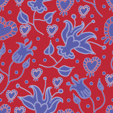 Lilly Garden -Flowers in Bloom seamless repeat pattern Background in Red and Blue. Delicate Pattern Background. Surface pattern Design, Perfect for Fabric, Scrapbook, wallpaper.のイラスト素材