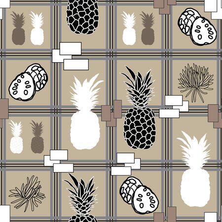 Pineapple Annona-Tartan Abstract seamless repeat pattern. Monochromatic pattern design of Tartan Pineapple Annona Abstract shapes with rectangle shapes in brow black grey and whiteのイラスト素材