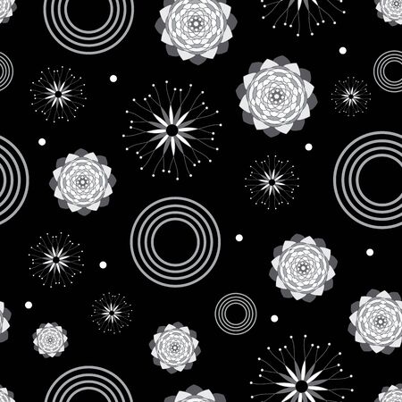 Festive snow-Geometric Modern Flowers Seamless repeat pattern background. Abstract snow flakes and flowers surface pattern design in black grey and white . Perfect for Fabric, Scrapbook, wallpaperのイラスト素材