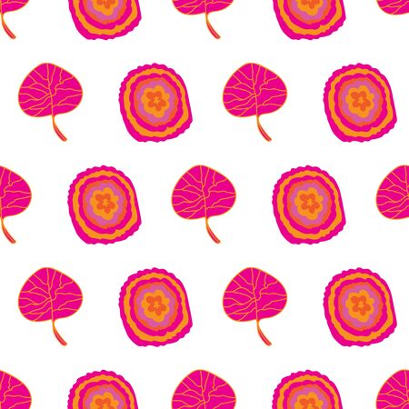 Colourful Leaves-Flowers in Bloom Seamless Repeat Pattern. Flowers and leaves pattern background in pink, orange,yellow and white . Surface pattern design. Perfect for Fabric, Scrapbookのイラスト素材