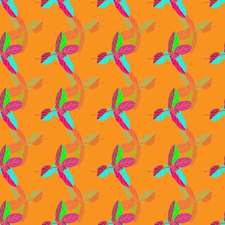 Festive Mint-Wild Leaves Seamless Repeat Pattern. Colourful mint leaves pattern background in orange,green,blue and pink. Surface pattern design. Perfect for fabric, scrapbook,wallpaperのイラスト素材