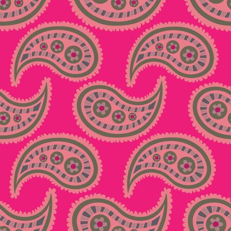 Paisley on pink-Paisley Dreams seamless repeat pattern. Colorful paisley pattern in green,yellow and pink. Surface pattern design Perfect for fabric, scrap book,のイラスト素材