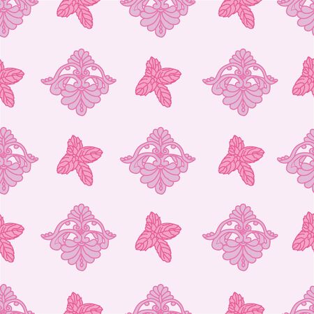 Mint Lace-Wild Leaves seamless repeat pattern. Retro decorative shapes and leaves in pink on white. Perfect for Fabric, Scrapbook, wallpaper.のイラスト素材