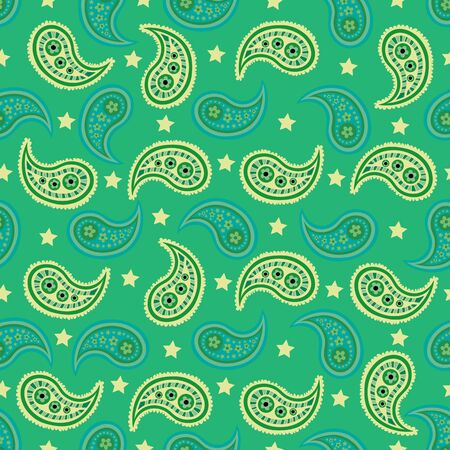 Yellow Green Decor-Paisley Dreams seamless repeat pattern. Colorful pattern of abstract paisley shapes and stars Fresh pattern in green,blue and yellow.. Perfect for fabric, scrap book,wallpaperのイラスト素材