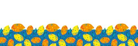 Lemons and Leaves Border-Fruit Delight seamless repeat pattern border illustration in yellow orange red blue and Green. Surface pattern design, Perfect for fabric, scrapbook, wallpaper.のイラスト素材