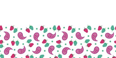Strawberry Paisley Border-Paisley Dreams seamless repeat pattern border. Fresh repeat pattern of strawberries and paisley lines in pink,red,green and white. Perfect for fabric, scrap book,wallpaperのイラスト素材