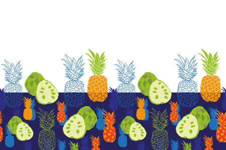Pineapple and Annona Border-Fruit Delight. Modern seamless pattern Illustration border of pineapple and annona in blue,orange green,red. Perfect for fabric, scrapbook, wallpaper.のイラスト素材