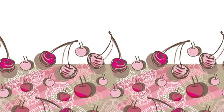 Cherry and Lace Border-Fruit Delight seamless repeat pattern border illustration in pink,maroon, brown and cream. Modern Pattern Border. Perfect for Fabric, Scrapbook, wallpaper.のイラスト素材