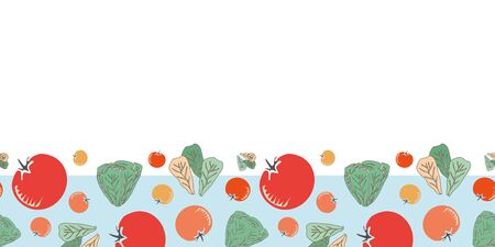 Fresh Vegetables Border-Vegi Delight, seamless repeat pattern illustration. Modern pattern border in red, green orange and blue. Modern pattern border. Perfect for fabric, scrapbook, wallpaper.のイラスト素材