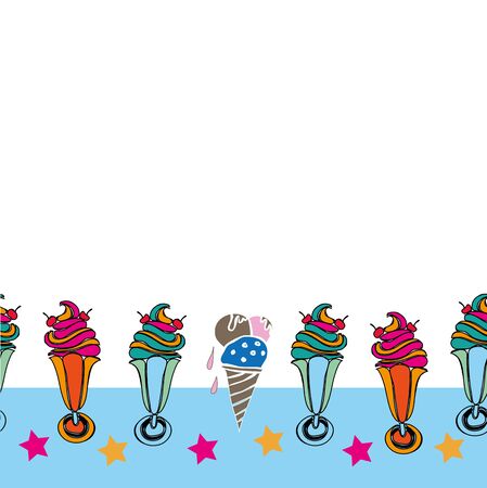Sundae Dessert Border-Sweet Dreams seamless repeat pattern. 60 s style border illustration in pink, blue,orange,green, red, and cream.Perfect for fabric, scrapbook, wallpaper.のイラスト素材