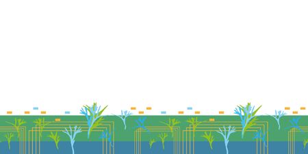 Abstract Fern Border-Virgin Forest seamless repeat pattern Pattern illustration borderof modern fern shapes and rectangle outlin in green blue and orange. Perfect for fabric, scrapbook, wallpaper.のイラスト素材