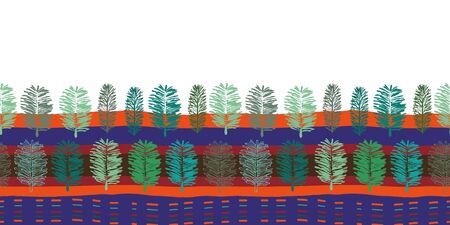 Forest at Sunset Border-Virgin Forest seamless repeat pattern Modern fern shapes and lines pattern border in green blue petrol, brown,maroon and orange, Perfect for fabric, scrapbook, wallpaper.のイラスト素材