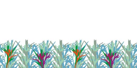 Modern Fern Border-Virgin Forest illustration seamless repeat pattern.Fern shapes and shades pattern border in green blue,purple,red,orange,white brown. Perfect for fabric,scrapbook,wallpaper.のイラスト素材