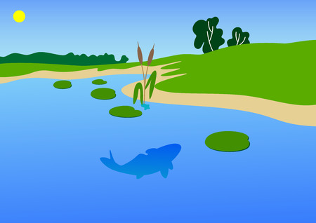 The vector image of a coast of a river with a summer dayのイラスト素材
