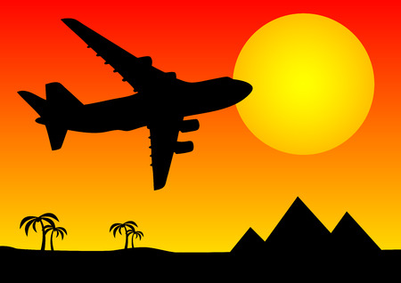 illustration of black aeroplane silhouette above pyramidsのイラスト素材