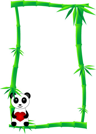 Banner or label of green bamboo canes and one black and white panda bear with heart, isolatedのイラスト素材