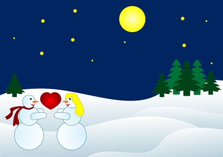 Winter backround with beautiful figures of snowmen in loveのイラスト素材