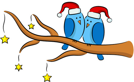 Illustration of cartoon birds on the tree in Christmasのイラスト素材
