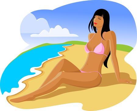 Vector illustration of the dark-haired girl in the pink bikini on a beachのイラスト素材