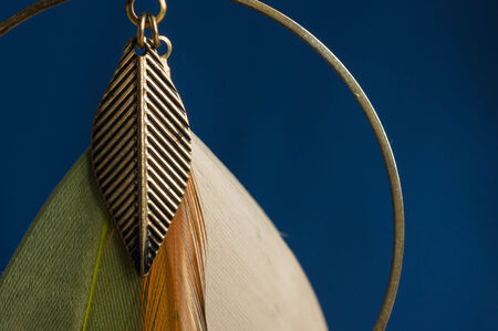 Earring from yellow metal and feathers on a blue backgroundの写真素材