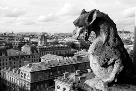 Gargoyley against Paris, black-and-whiteの写真素材