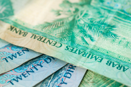 UAE Dirhams. Banknote background close up