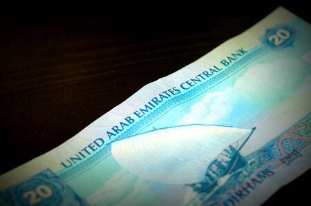 Banknote in twenty dirhams of the United Arab Emirates close up