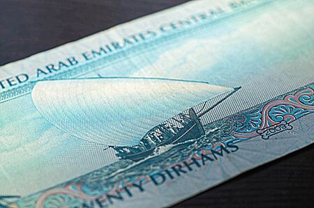 Banknote in twenty dirhams of the United Arab Emirates close upの写真素材