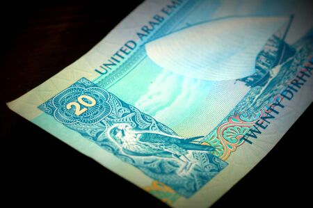 Banknote in twenty dirhams of the United Arab Emirates close upの写真素材