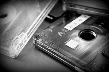 Stack of old audio tapes close upの写真素材