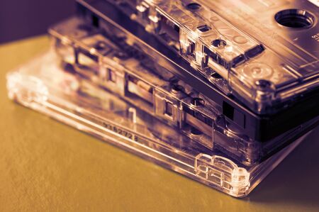 Stack of old audio tapes close up