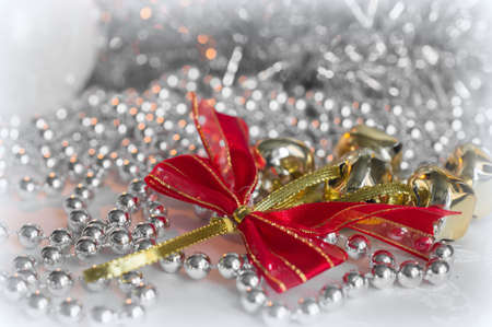 Christmas decorations close up on shiny backgroundの写真素材