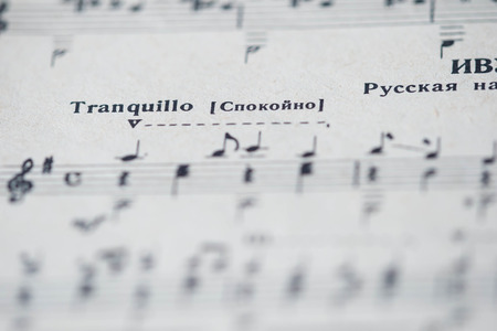 Musical tempo "Tranquillo" in a music book close upの写真素材