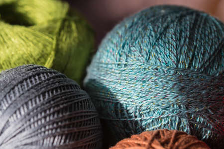 Several skeins of yarn in different colors close upの写真素材