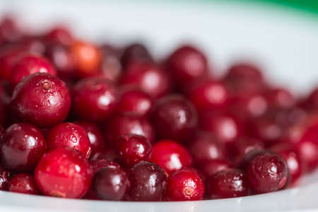 Frozen cranberries on a crimson background close upの写真素材