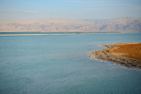 Dead Sea and the coast, lit by the sun in the eveningの写真素材