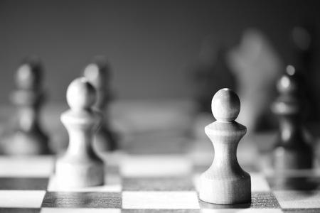 Chess on a chess board in black and whiteの写真素材