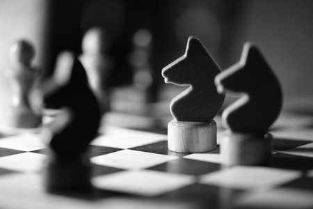 Chess on a chess board in black and whiteの写真素材