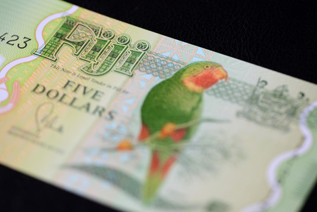 Banknote five Fijian dollars on a dark background close upの写真素材