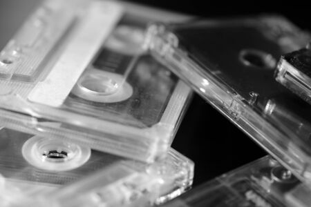 A stack of old audio cassettes. Black and Whiteの写真素材