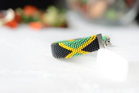 Jamaican flag bead crochet bracelet close upの写真素材