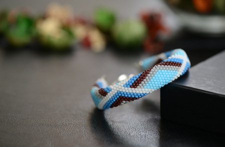 Blue bead crochet bracelet with geometrical patternの写真素材