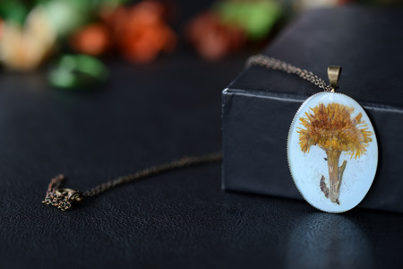 Resin pendant with dry coltsfoot flower on a dark background close upの写真素材