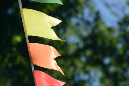 Colorful party garland in the city park close up