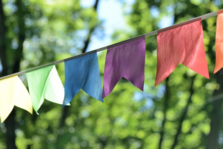 Colorful party garland in the city park close up