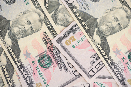 USD fifty dollar bills background close up
