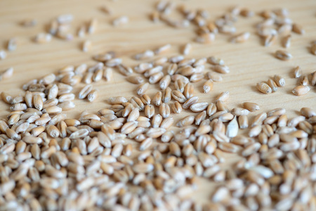 Scattered wheat grains on wooden background close upの写真素材